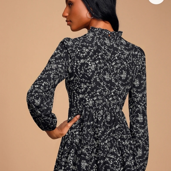 Little Love Black Floral Print Long Sleeve Babydoll Dress - Picture 3 of 5